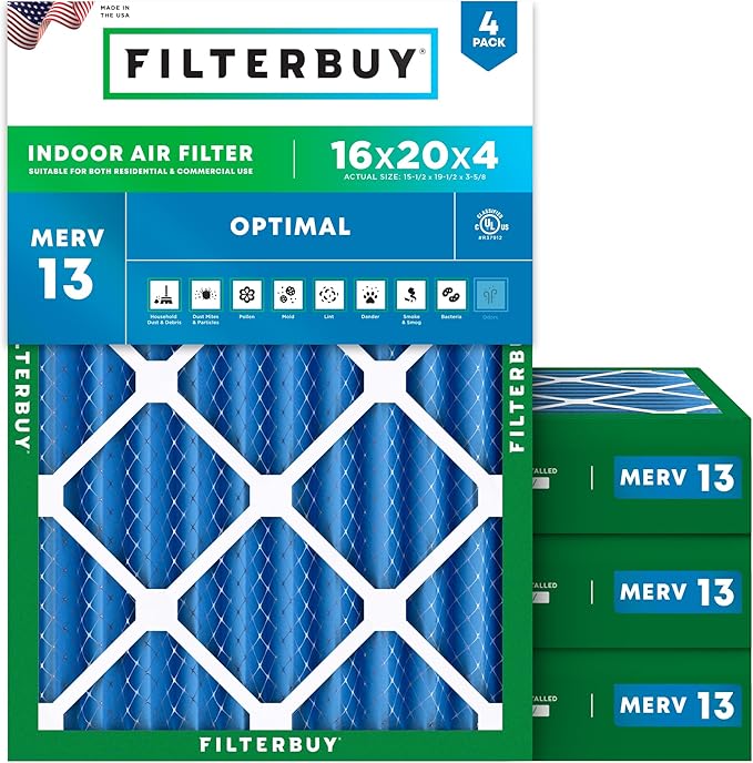 Filterbuy 16x20x4 Air Filter MERV 13 Optimal Smoke & Allergy Defense (4-Pack), Electrostatic Pleated HVAC AC Furnace Filters Replacement, Made in USA (Actual Size: 15.50 x 19.50 x 3.63)