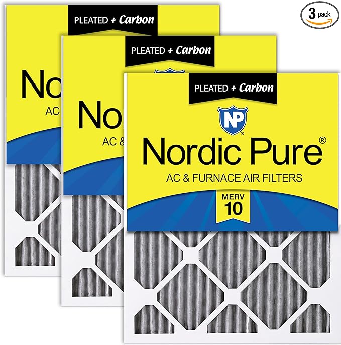Nordic Pure 12x25x1 (Actual Size: 11 3/4 x 24 3/4 x 3/4) Furnace Air Filters MERV 10 Pleated Plus Carbon 3 Pack