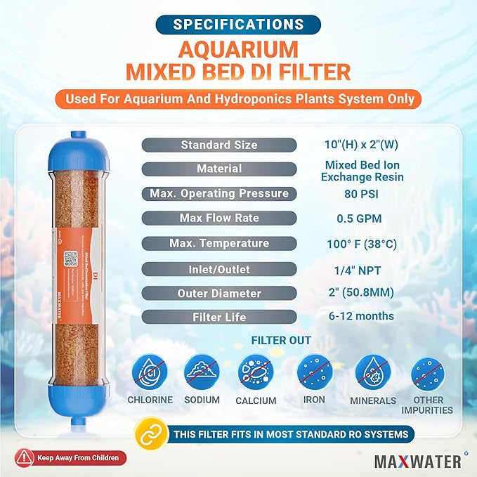 10" Refillable Mixed Bed Ion Exchange Aquarium Filter for High TDS Water, RO DI Resin Refillable Housing with Clamps &Fittings, Compatible with 10" Aquarium Reverse Osmosis Water Filtration Systems