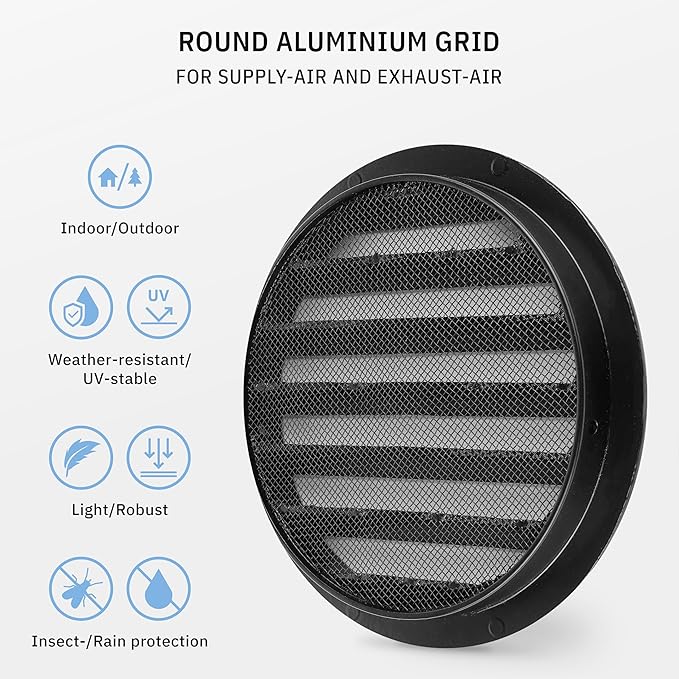 calimaero® WSGB 5" Inch Black Round Metal Air Vent Grill Cover Flat Louver with Fly Screen Fits Only with Metal Ducts