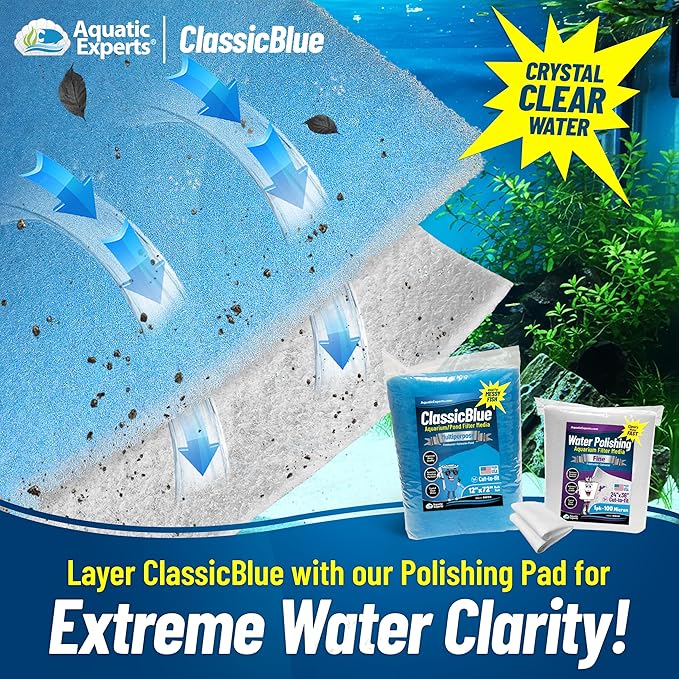 Aquatic Experts Classic Bonded Aquarium Filter Pad -18 Inches by 12 Feet by .75 Inch - Blue and White Aquarium Filter Media Roll Bulk Can Be Cut to Fit Most Filters, Made in USA (18" x 12 Feet)