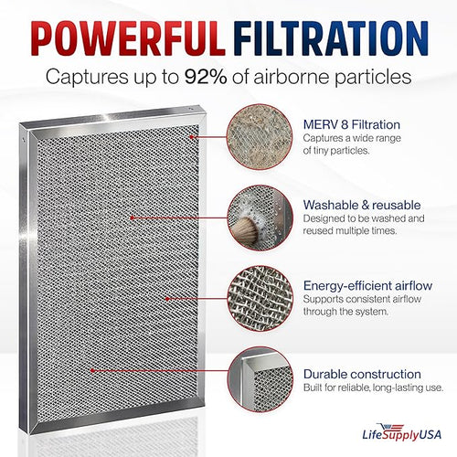 20x25x1 Electrostatic Air Filter, MERV 8, Washable, Reusable Furnace AC/HVAC Filter, Energy Saving, Easy to Clean, Long-Lasting by LifeSupplyUSA