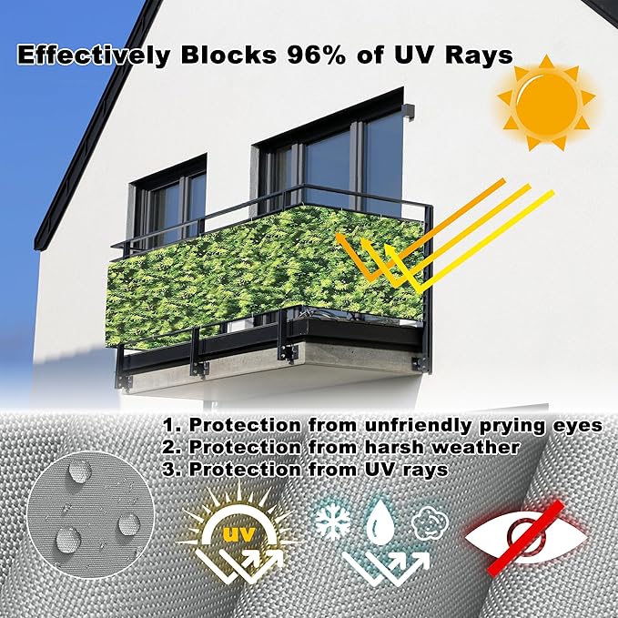 Balcony Privacy Screen 9.8' x 59' Heavy Duty 165 GSM HDPE Garden Fence, with Grommets, for Deck Pool Fence Railings Apartment, Green Leaf Pattern