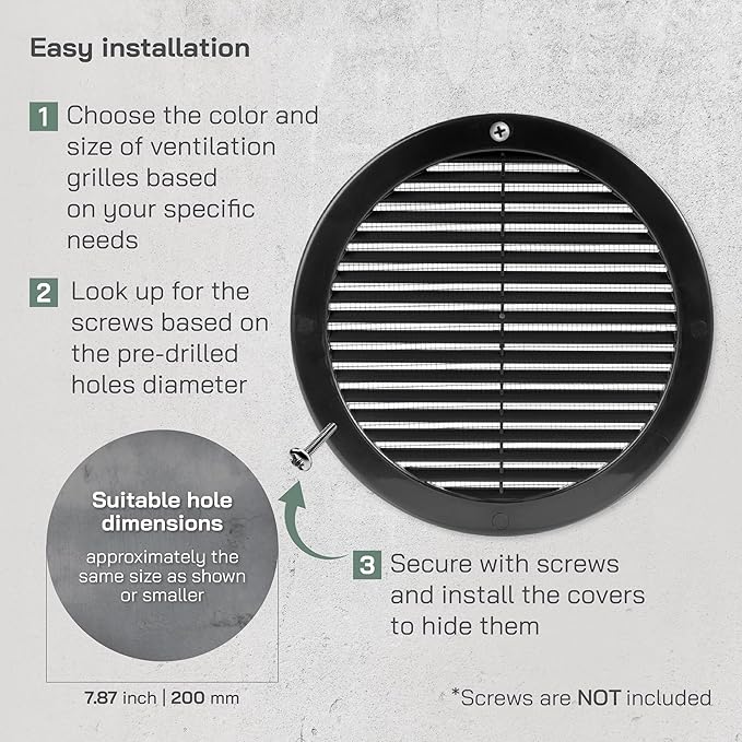 Vent Systems 8" Inch (Opening Dimensions) - Pack of 100 - Black Soffit Vent Cover - Plastic Round Air Vent Grille - Built-in Mesh Screen - HVAC Register Louver for Bathroom, Home, Kitchen