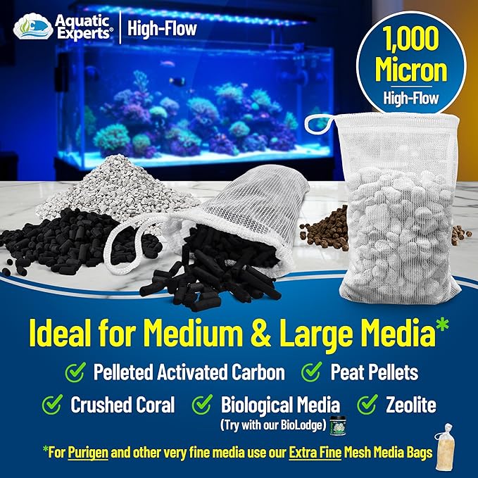 Aquatic Experts High Flow Filter Media Bag - Durable Filter Bags for Fish Tank, Secure Aquarium Media Bag with Drawstring, Media Bags for Aquarium and Pond, High Flow (White), 3” x 8” - 8 Pack