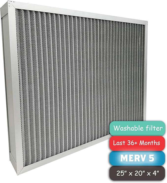 Washable Air Filter(25" x 20" x 4" MERV 5), Aluminum Electrostatic Air Filter for Furnace and Central Air Conditioner (Actual Size: 24.7" x 19.7" x 3.6")