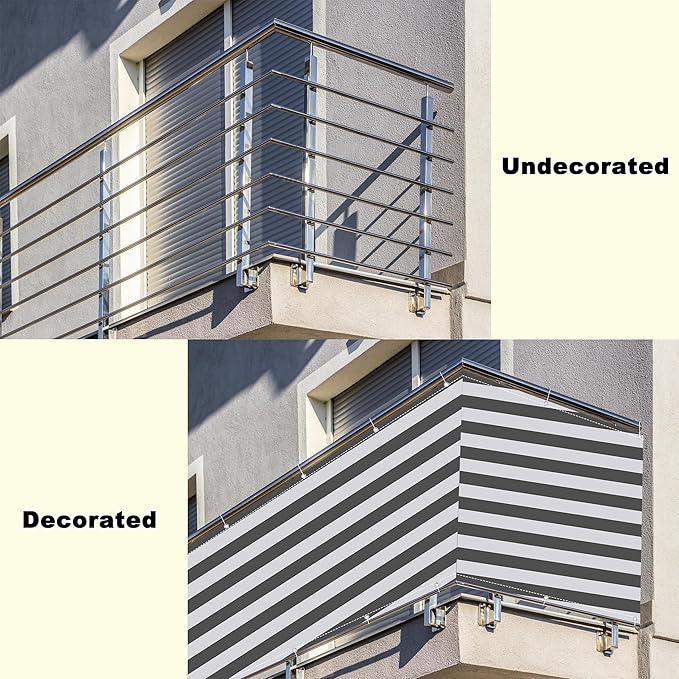 Privacy Screen Protector 3.1' x 49.2' Durable and UV Resistant Privacy Screen for Fence, Included Cable Ties Customized Size for Deck Pool Fence Railings Apartment, Gray Stripes