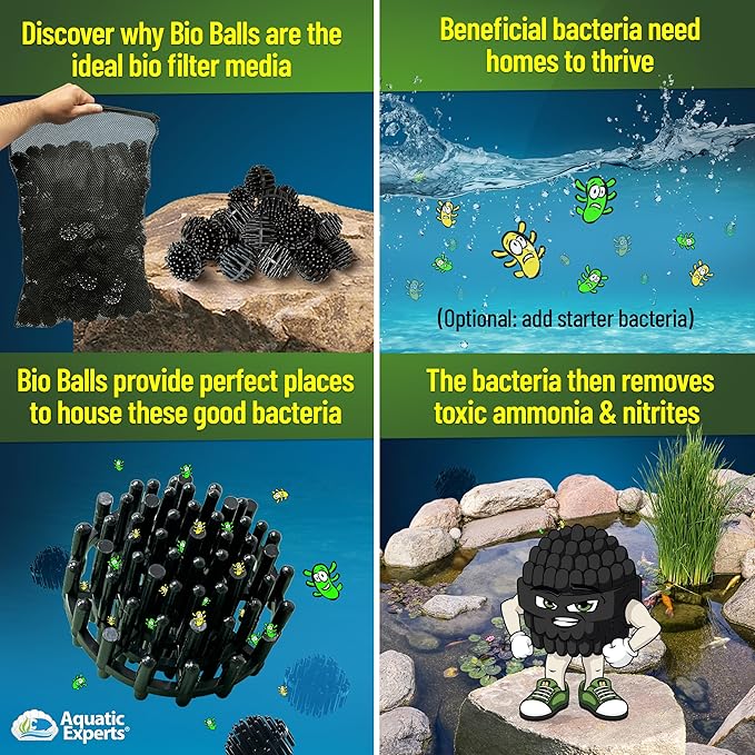 Aquatic Experts 1.5" Large Bio Balls for Ponds – Biological Filter Media for Waterfalls & Outdoor Pond Filters, Treats Up to 6,600 Gallons (2000 Count Bulk Box + Six 14" x 20" Mesh Bags)