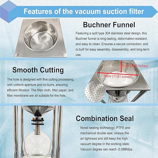 10L Vacuum Filtration System, Negative Pressure Suction Filter with Stainless Steel Buchner Funnel & Glass Filter Flask, Discharge Valve & Brake Casters, for Lab Chemical Industrial Use
