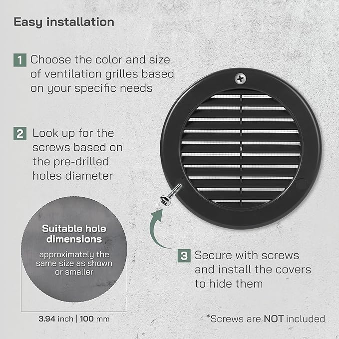 Vent Systems 4" Inch (Opening Dimensions) - Pack of 2 - Black Soffit Vent Cover - Plastic Round Air Vent Grille - Built-in Mesh Screen - HVAC Register Louver for Bathroom, Home, Kitchen