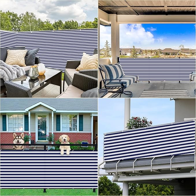 Fence Privacy Screen 8.2' x 59' UV Protection Weather Resistant Waterproof Privacy Screen for Fence, Included Cable Zip Ties for Outdoor, Patio, Deck, Backyard Porch Privacy, Blue Stripes
