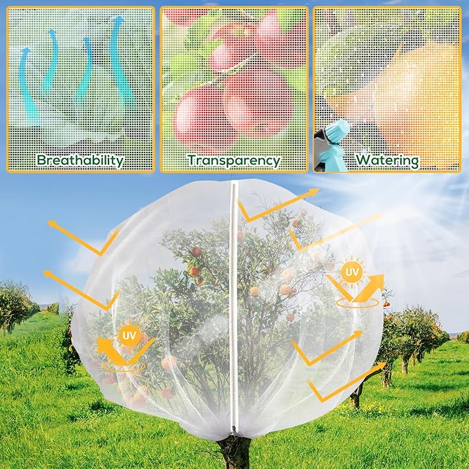 7.8 x 7.8 ft Large Fruit Tree Netting Cover with Zipper and Drawstring,Garden Insect Netting Plant Cover Transparent Bird Plant Barrier Flower Fruit Mesh Screen for Preventing Deer Squirrel Bug