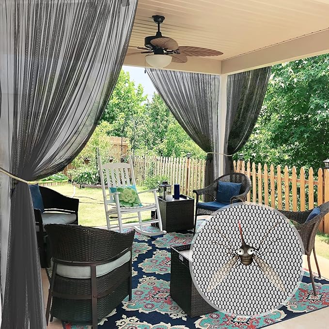 RYB HOME 2 Panels Porch Screen Mesh Outdoor Curtains Lightweight Mosquito Netting for Patio Gazebo Pool Hut Bug Netting Size Adjustable, Black, 118 inches Wide x 98 inches Long