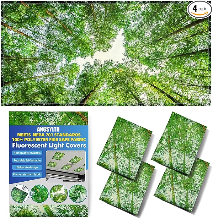 4 Pcs Fluorescent Light Covers - Classroom, Office 4 x 2 Feet Flame Retardant Magnetic Covers for Ceiling Lights Filters (Spring & Forest)
