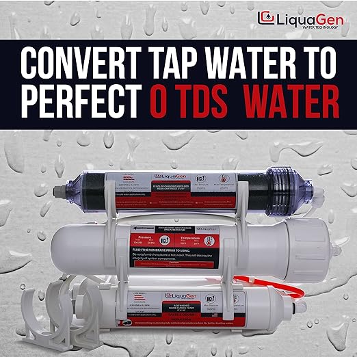 LiquaGen 4 Stage Reverse Osmosis and Deionization (RO/DI) Portable Space Saver Water Purification System | Water Filtration System for Aquarium Filter Processes + Manual Flush Valve (100 GPD)