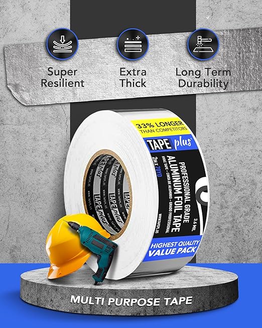 TapePlus Aluminum Foil Tape - Heat Resistant Tape & High Temperature Seal - Thermal Duct Insulation & HVAC Seal - Waterproof Metal Adhesive for Ductwork - Pack of 6, 2 in x 210 ft, Silver