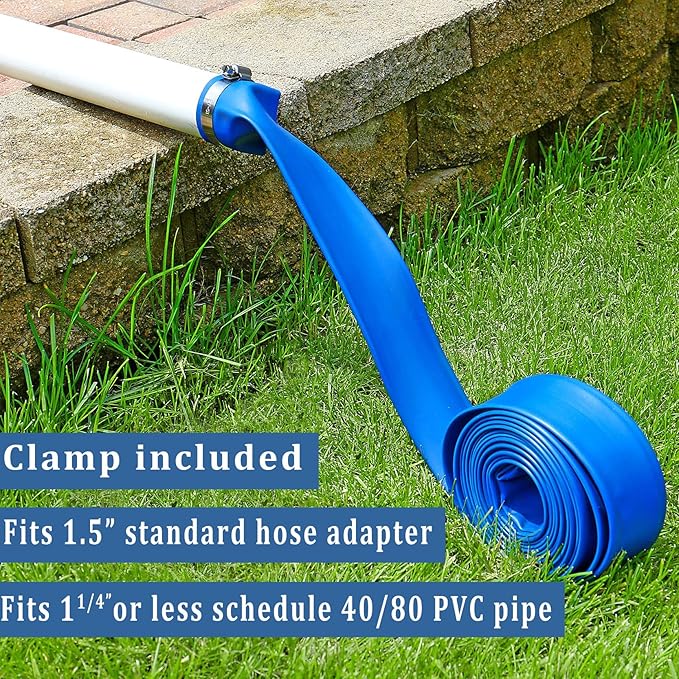 Pool Backwash Hose 1 1/2 inch × 25 ft Thicken Blue Water Discharge Pipe Lay Flat Tubing Hose for Backwash Pool Filter, Drain Pool Pond Water (1.5in-25ft, Vinyl Tubing)