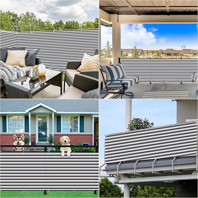 Privacy Screen Protector 3' x 3.3' UV-Resistant Visibility Reduction Privacy Screen for Fence, Included Cable Zip Ties for Pergola Balcony Porch Carport Deck Window, Gray Stripes