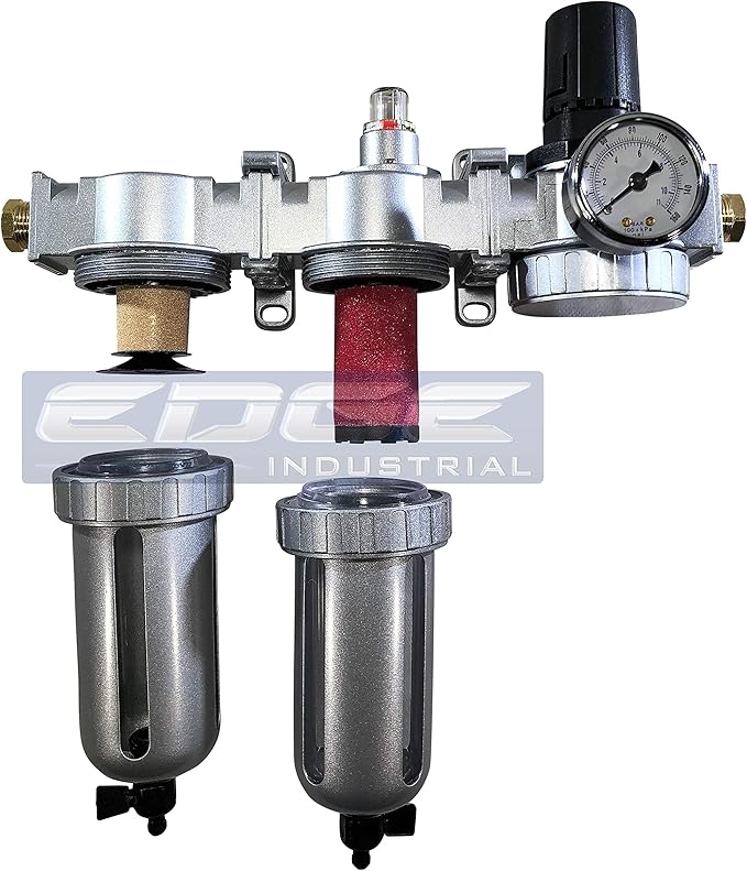 Three Stage Air Drying System - Air Particulate Filter, 0.01 Micron Coalescing Filter & Air Pressure Regulator Modular Combo Semi Automatic Drain, Poly Bowl (3/8" NPT)