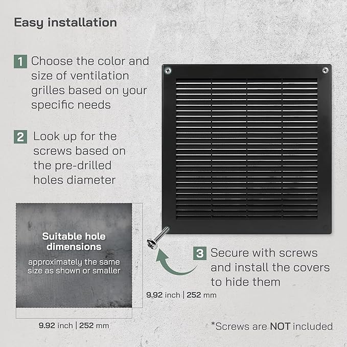 Vent Systems 10" x 10" Inch (Opening Dimensions) Plastic Black Soffit Vent Cover - Flat Square Air Vent Grille - Air Vent Deflector - HVAC 12" x 12" Inch (Overall Dimensions)