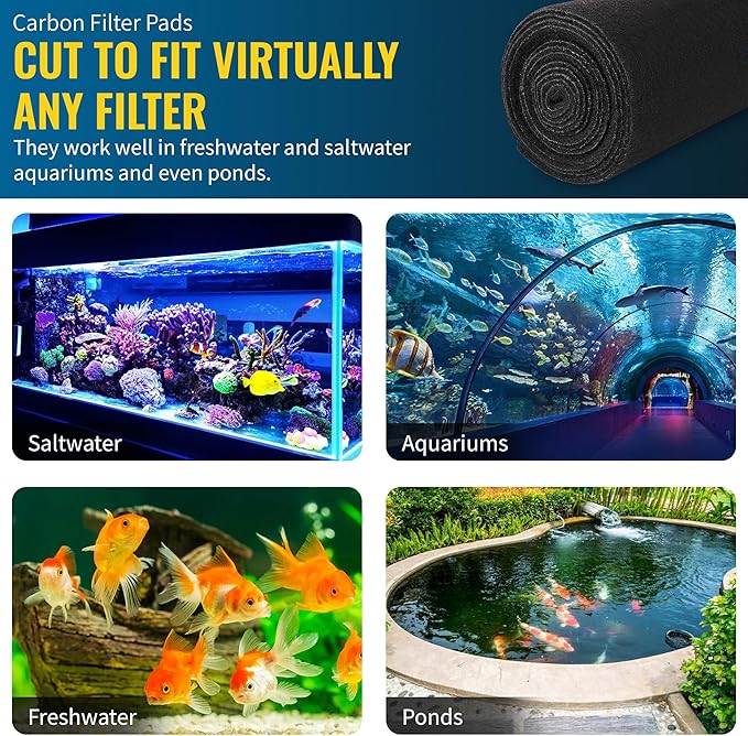 Aquarium Carbon Pad - Cut to Fit Carbon Infused Filter Pad Media for Clean & Clear Fish Tank and Ponds (Carbon filter - 5/8" Thickness, 1 Pack - 10.5" x 72")