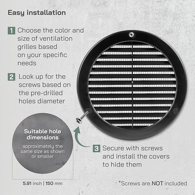 Vent Systems 6" Inch (Opening Dimensions) - Pack of 100 - Black Soffit Vent Cover - Plastic Round Air Vent Grille - Built-in Mesh Screen - HVAC Register Louver for Bathroom, Home, Kitchen