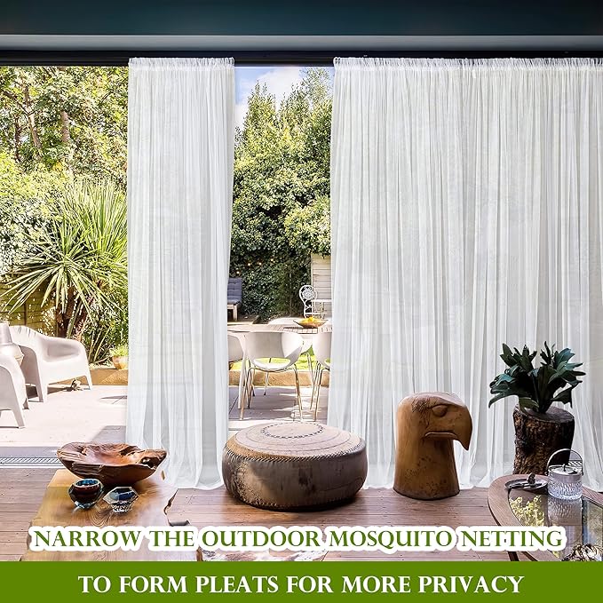 RYB HOME 2 Panels Porch Screen Mesh Outdoor Curtains Lightweight Mosquito Netting for Patio Gazebo Pool Hut Bug Netting Size Adjustable, White, 118 inches Wide x 108 inches Long