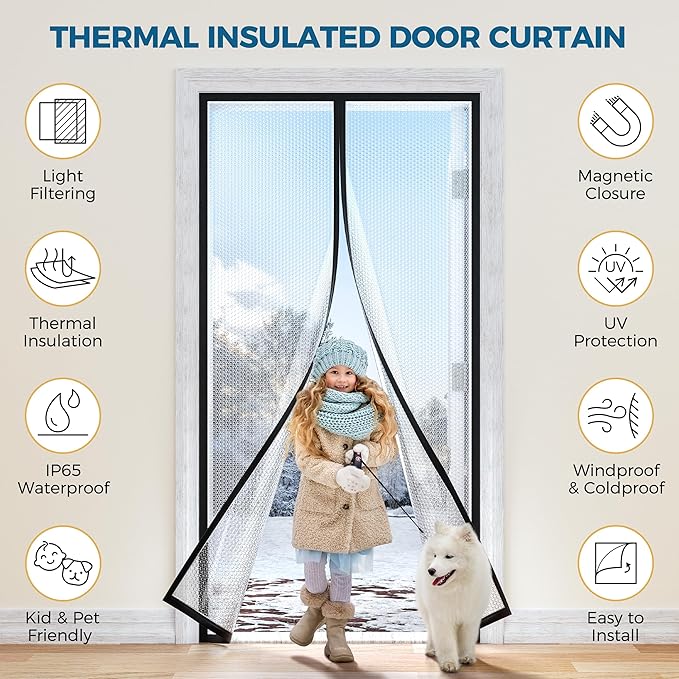 Magnetic Thermal Insulated Door Curtain - Fit Door Size 36x82 Inch Waterproof Bubble Wrap Door Cover Light Filtering Screen Door, Keep Warm in Winter Cool in Summer, Kid & Pet Friendly