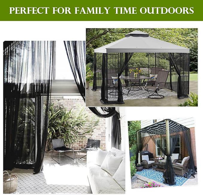 RYB HOME 2 Panels Porch Screen Mesh Outdoor Curtains Lightweight Mosquito Netting for Patio Gazebo Pool Hut Bug Netting Size Adjustable, Black, 118 inches Wide x 108 inches Long
