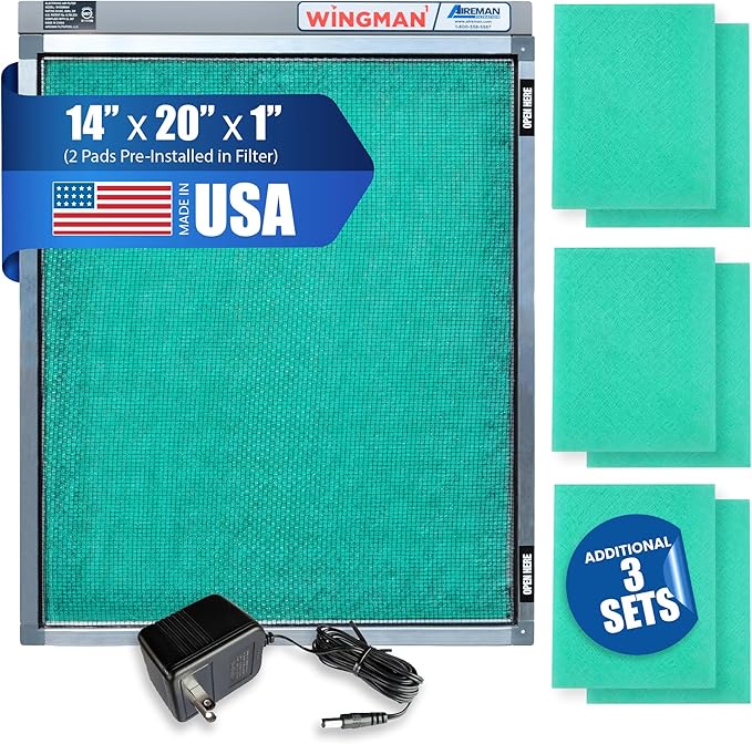 14x20x1 Polarized Media Electronic Air Filter - High Air Flow - Homeowner Installed - 1-Yr Supply of Replacement Pads - Simply Replace Your Current AC/Furnace Air Filter and PLUG IT IN!