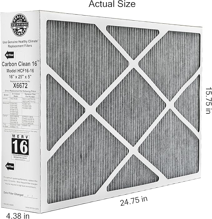 Lennox Healthy Climate X6672 16x25x5 Healthy Climate Carbon-Clean MERV 16 Filter Bundle with Same Day Supply Filter Change Reminder Magnet (5-Pack)