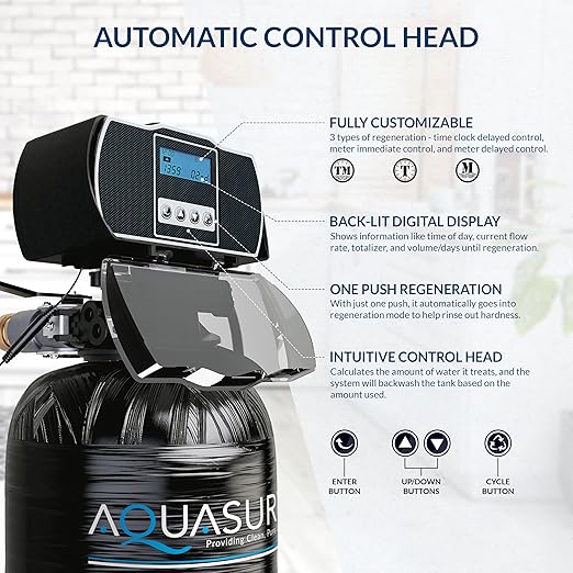 Aquasure Harmony Series 72,000 Grains Whole House Water Softener Bundle with Automatic Digital Control Head and Triple Purpose Sediment/Carbon/Zinc Filter System | Reduces Hardness (for 6+ bathrooms)