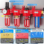 TAILONZ PNEUMATIC 3/8 Inch NPT 0-150 PSI Red Industrial Grade 4 Stage Air Drying System, Double Particulate Filter, Coalescing Filte,Desiccant Dryer and Air Regulator Manual Drainage