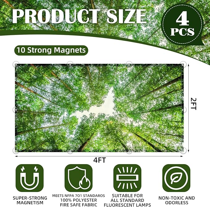 4 Pcs Fluorescent Light Covers - Classroom, Office 4 x 2 Feet Flame Retardant Magnetic Covers for Ceiling Lights Filters (Spring & Forest)