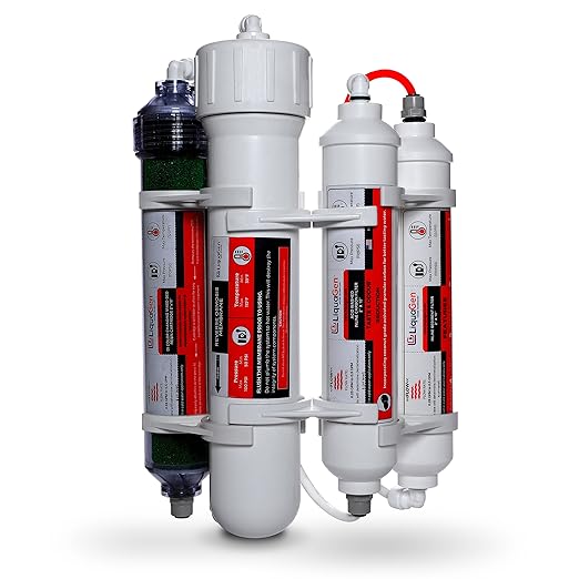 LiquaGen 4 Stage Reverse Osmosis and Deionization (RO/DI) Portable Space Saver Water Purification System | Water Filtration System for Aquarium Filter Processes + Manual Flush Valve (100 GPD)