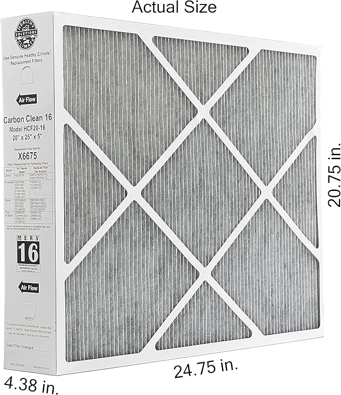 Lennox Healthy Climate X6675 20x25x5 Healthy Climate Carbon-Clean MERV 16 Filter Bundle with Same Day Supply Filter Change Reminder Magnet (5-Pack)