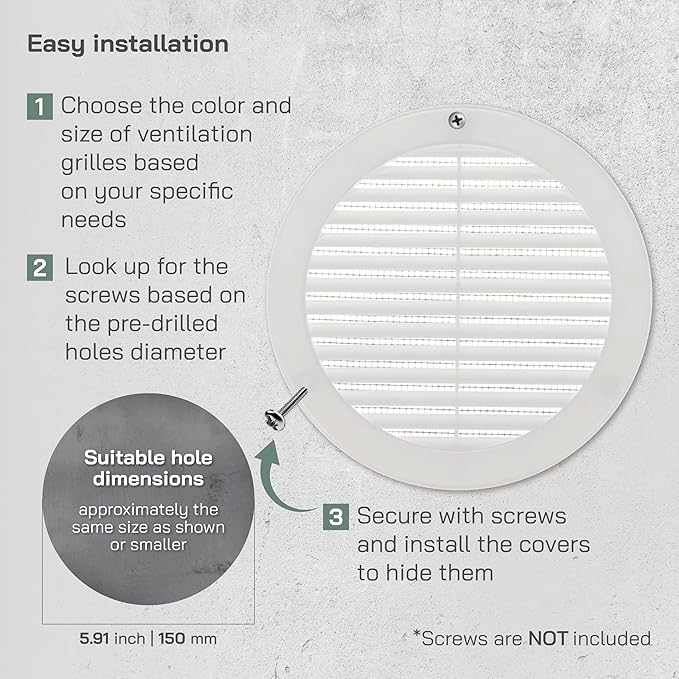 Vent Systems 6" Inch (Opening Dimensions) - Pack of 2 - White Soffit Vent Cover - Plastic Round Air Vent Grille - Built-in Mesh Screen - HVAC Register Louver for Bathroom, Home, Kitchen