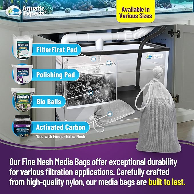 Aquatic Experts Fine Aquarium Media Bag, Durable Drawstring Bags for Fish Tank Filters, 450 Micron Mesh, (Fine, 8" x 12" - 3 Pack)