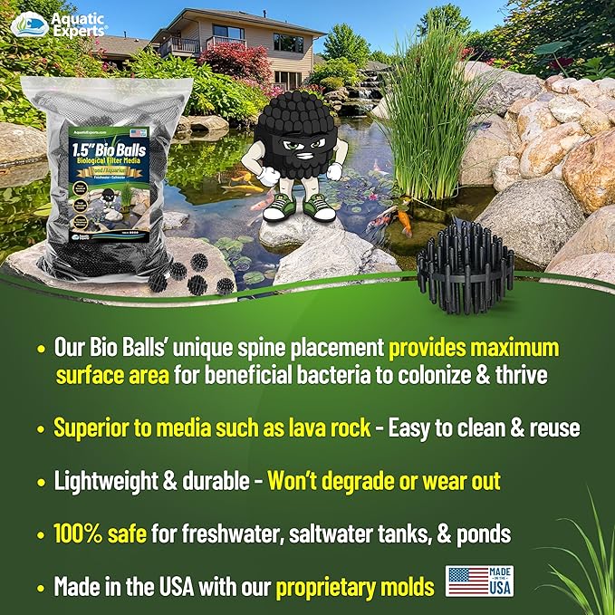 Aquatic Experts 1.5" Large Bio Balls for Ponds – Biological Filter Media for Waterfalls & Outdoor Pond Filters, Treats Up to 6,600 Gallons (2000 Count Bulk Box + Six 14" x 20" Mesh Bags)