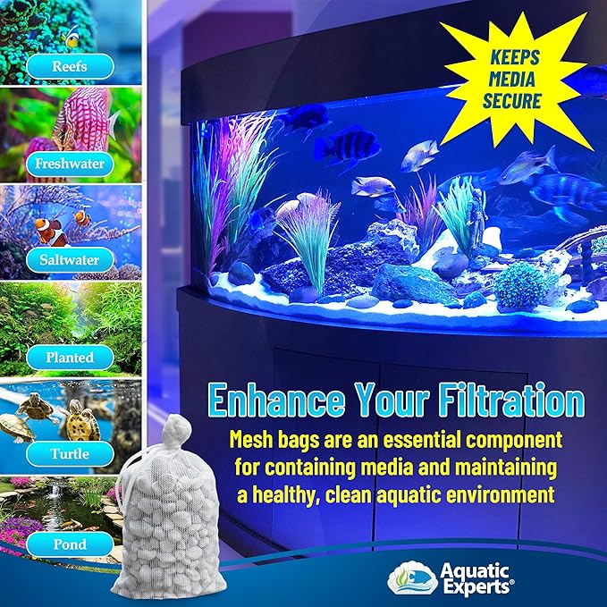 Aquatic Experts High Flow Filter Media Bag - Durable Filter Bags for Fish Tank, Secure Aquarium Media Bag with Drawstring, Media Bags for Aquarium and Pond, High Flow (White), 3” x 4” – 4 Pack