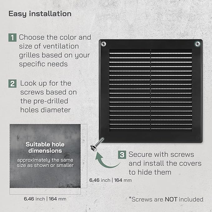 Vent Systems 6" x 6" - Pack of 2 - Black Plastic Soffit Vent Cover - Durable Flat Square Air Vent Grille with Mesh Screen - Weather Resistant Ventilation Grill - Wall & Ceiling, Indoor & Outdoor