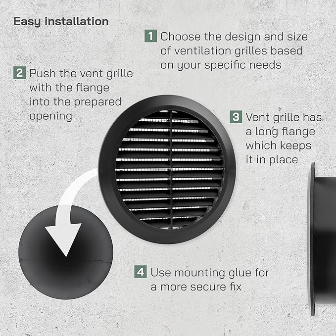 Vent Systems 5'' Inch - Black - Soffit Vent Cover - Round Air Vent Louver - Grill Cover - Built-in Mesh Screen - HVAC Vents for Bathroom, Home Office, Kitchen
