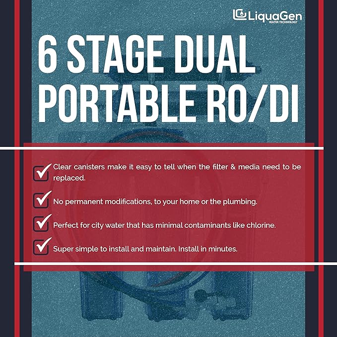 LiquaGen - 6 Stage Portable Dual Use Drinking and Aquarium Reef/Deionization | Reverse Osmosis Water Filter System RO/DI | w/pH Alkaline Mineral Restoration Filter | 0 TDS | 150 GPD